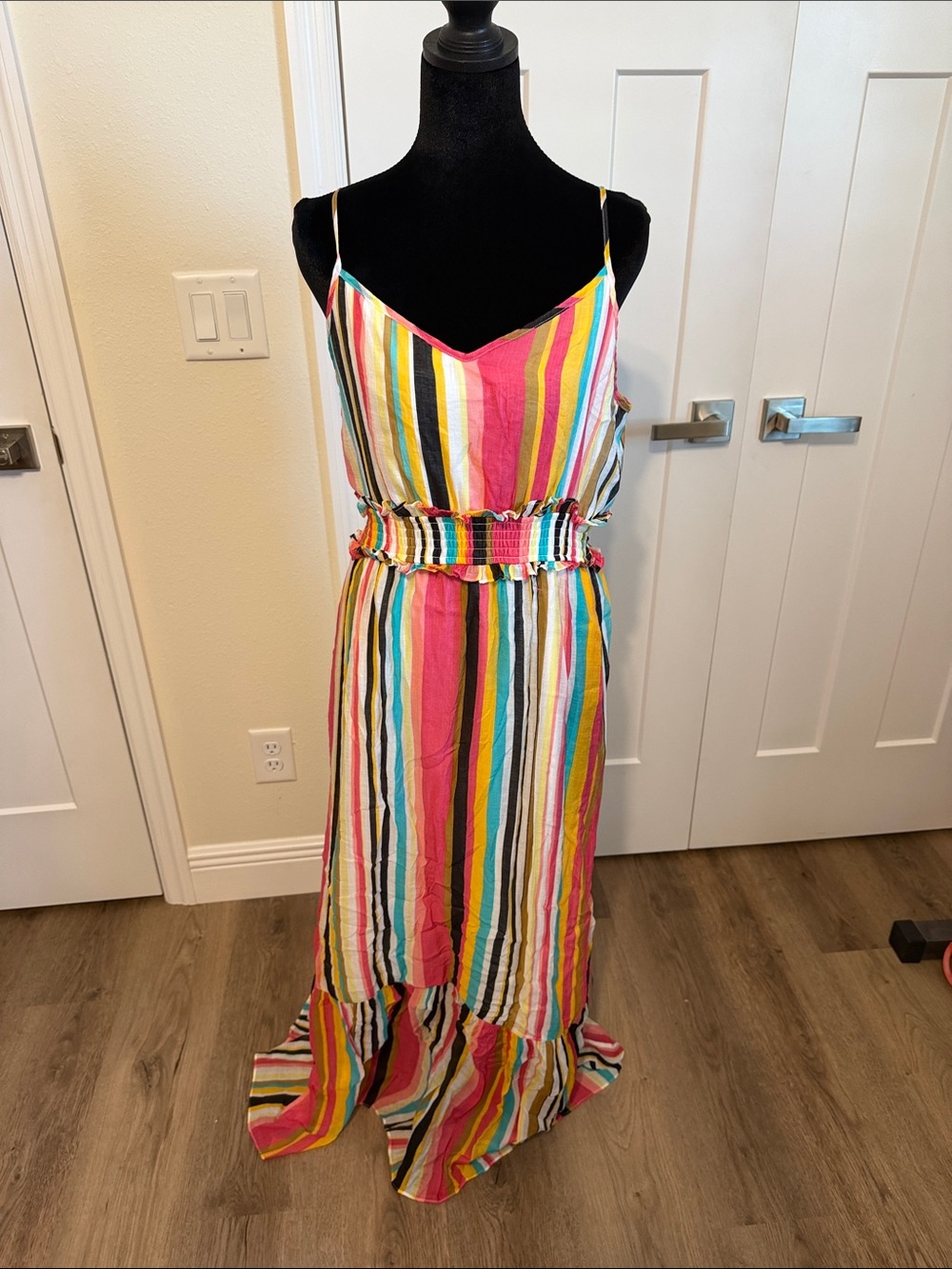 DAVI & DANI Multicolor Striped Maxi Dress - Pink, Yellow, Teal, Black, White
